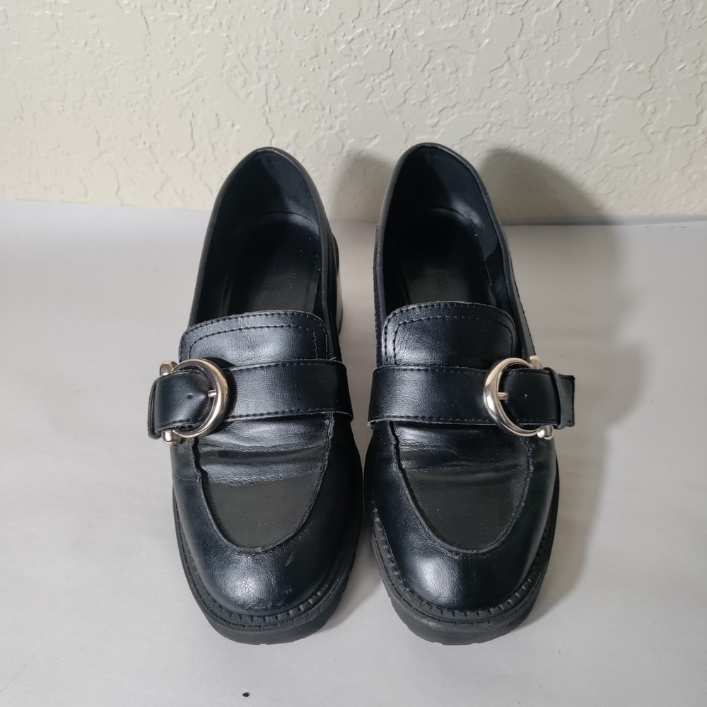Marc Fisher Black Leather Loafers with Silver Buckle